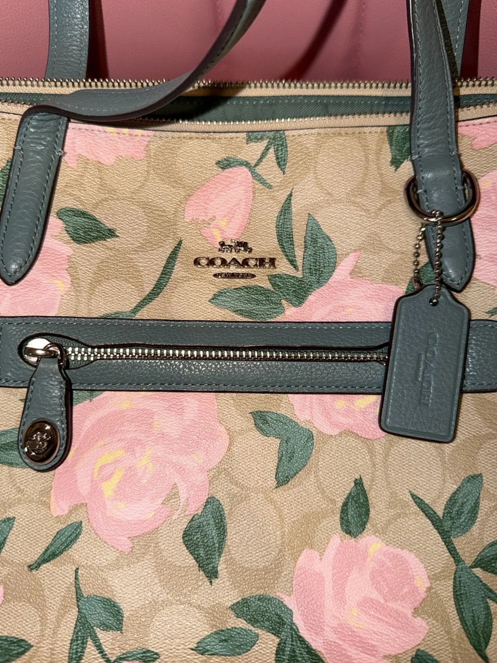Coach Floral Print Tote Bag in Pink and Green